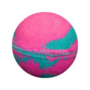 Round bath bomb with alternating swirls of bubble gum pink and blue.
