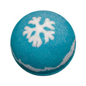 Round bath bomb. It is several layers of various shades of icy blues and white with a snowflake symbol on the top done in white. There is white and blue glitter mixed in.