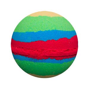 Round bath bomb. There are 7 bands of color in varying widths. The order is pale yellow, green, blue, red, blue, green, yellow. It is meant to resemble Mulan's dress.