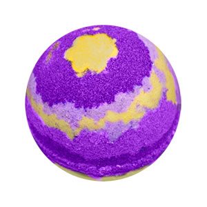 Round bath bomb made of three different shades of purple. Yellow is added intermittently to resemble starlight. There is a round yellow spot at the top that resembles a star shaped flower.
