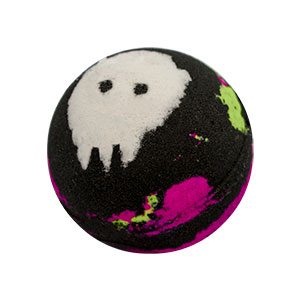 Round black bath bomb with splotches and stripes of neon pink and green. The top has a white skull like shape.