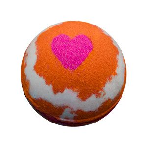 Round bath bomb colored with swirls of bright orange and white. There is a magenta heart on the top against the orange.