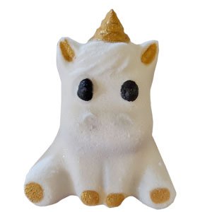 Sitting chubby unicorn shaped bath bomb. It is pure white with black painted eyes. The horn, inner ears, and four feet have shimmery golden hooves painted on.